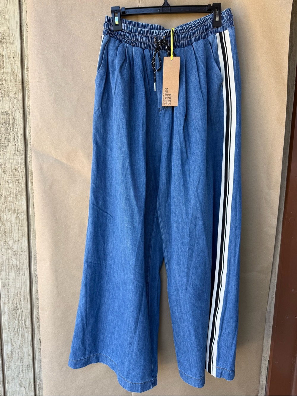 Free Market Wide Leg Denim Track Pants - Medium Wash - Size L- NWT